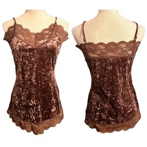 Vintage Y2K Brown Velvet Lace Trim Cami Tank Top Spaghetti Strap XL Made USA